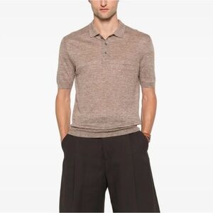 Gran Sasso 100% Linen Polo Shirt Short Sleeve Men's Size 52 XL Beige Melange